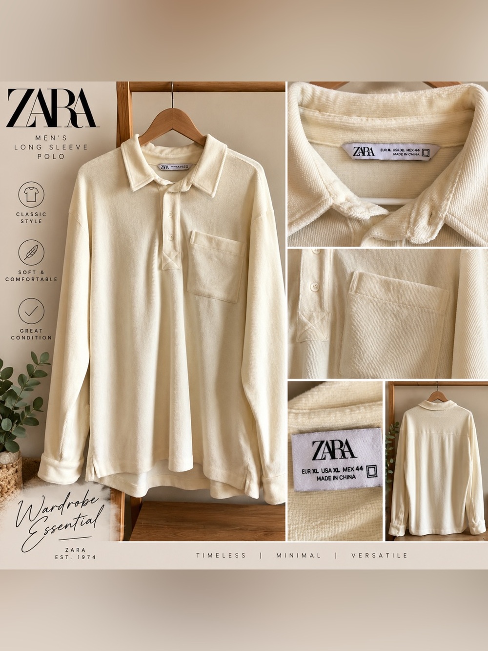 Zara Men’s XL Cream Textured Long Sleeve Polo Shirt